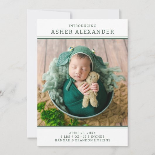 Moderne Green Boy Fotogeboorteaankondiging Kaart (Voorkant)