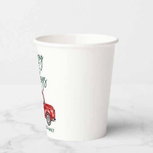 Moderne Green Brush Script Holiday Red Truck Papieren Bekers (Links)