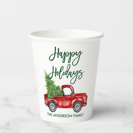 Moderne Green Brush Script Holiday Red Truck Papieren Bekers (Voorkant)