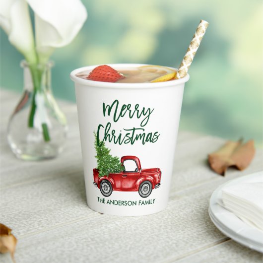 Moderne Green Brush Script Kerstmis Truck Papieren Bekers (Insitu)