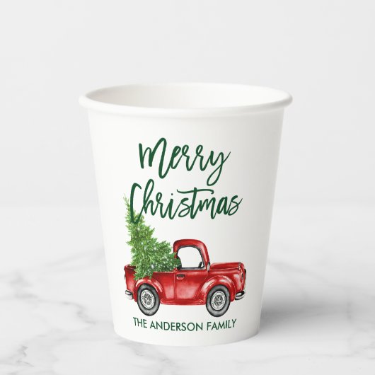 Moderne Green Brush Script Kerstmis  Truck Papieren Bekers (Voorkant)