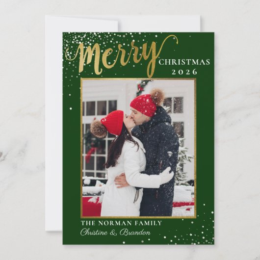Moderne Green Gold Script Merry-kerstfoto Feestdagenkaart (Voorkant)