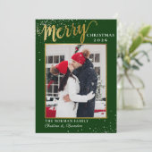 Moderne Green Gold Script Merry-kerstfoto Feestdagenkaart (Staand voorkant)