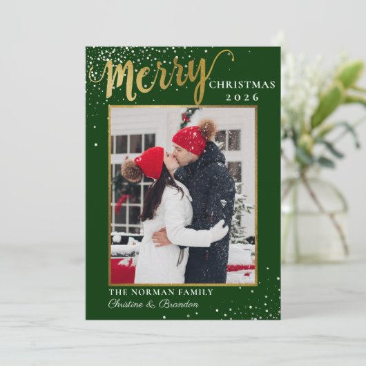 Moderne Green Gold Script Merry-kerstfoto Feestdagenkaart (Staand voorkant)