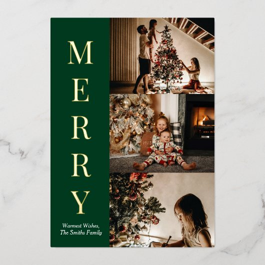 Moderne Green Gold Script Merry-kerstfoto Folie Feestdagenkaart (Voorkant)