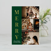 Moderne Green Gold Script Merry-kerstfoto Folie Feestdagenkaart (Staand Voorkant)