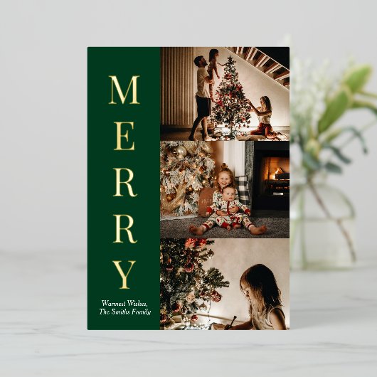Moderne Green Gold Script Merry-kerstfoto Folie Feestdagenkaart (Staand Voorkant)
