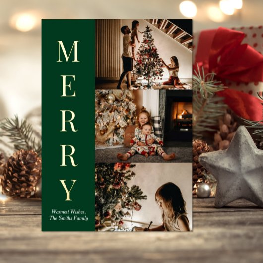 Moderne Green Gold Script Merry-kerstfoto Folie Feestdagenkaart