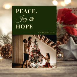 Moderne Green Gold Script Peace Joy Hope Foto Folie Feestdagenkaart