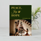Moderne Green Gold Script Peace Joy Hope Foto Folie Feestdagenkaart (Staand Voorkant)