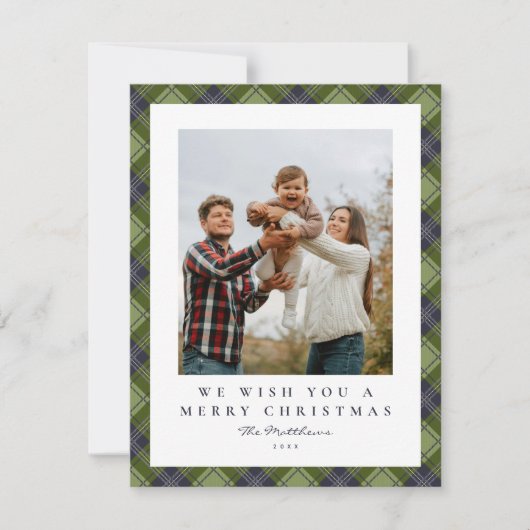 Moderne Green Plaid Familie Foto Kerstmis Feestdagenkaart (Voorkant)