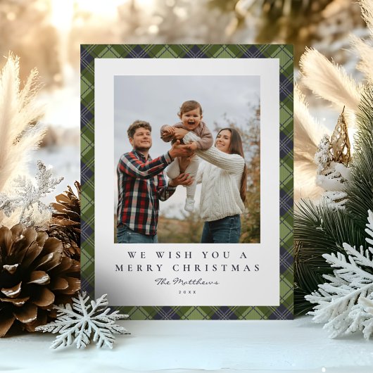 Moderne Green Plaid Familie Foto Kerstmis Feestdagenkaart