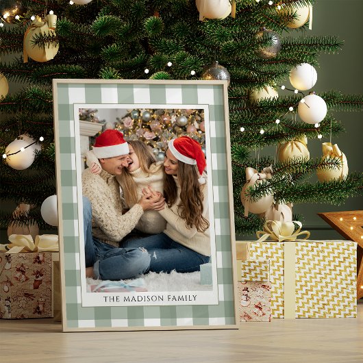 Moderne Green Plaid Familie Foto Vrolijk Kerstfees Poster