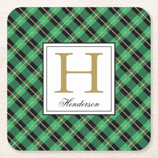 Moderne Green Pset Check Gold Accents, Monogramed Kartonnen Onderzetters (Voorkant)