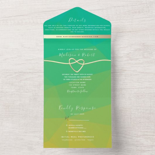 Moderne Green Rope Heart Wedding All In One Uitnodiging (Binnen)