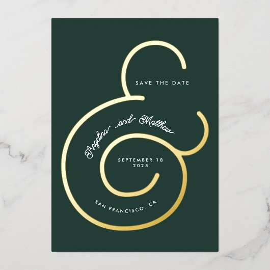 Moderne Green Script Ampersand Wedding Save Date Folie Uitnodiging (Voorkant)