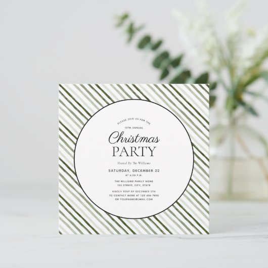 Moderne Green Stripe Script Circle Kerstparty Kaart (Staand voorkant)