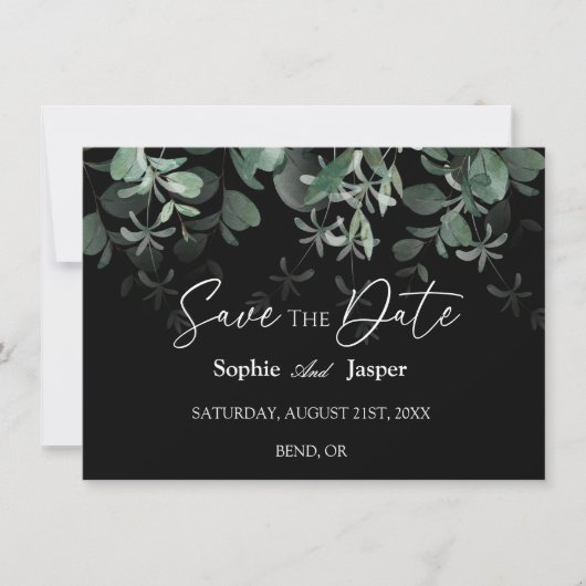 Moderne Greenery Black Flat Save the Date Kaart (Voorkant)