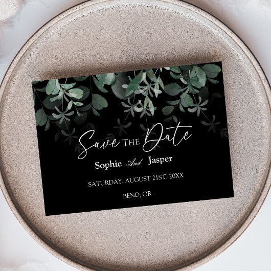 Moderne Greenery Black Flat Save the Date Kaart
