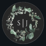 Moderne Greenery Black Monogram Wedding Sticker<br><div class="desc">Dit moderne zwarte monogram bruiloft-sticker is uitgerust met een eenvoudige mix en een combinatie van coördinerende stijlen in zwart-wit met delicate greenery-elementen, die een grijze bloei mogelijk maken rond eenvoudige, geavanceerde typografie en een prachtig, minimaal kalligrafiekscript. De waterverf eucalyptus en andere botanische bladeren zijn prachtig doorheen, met donkere smaragd in...</div>