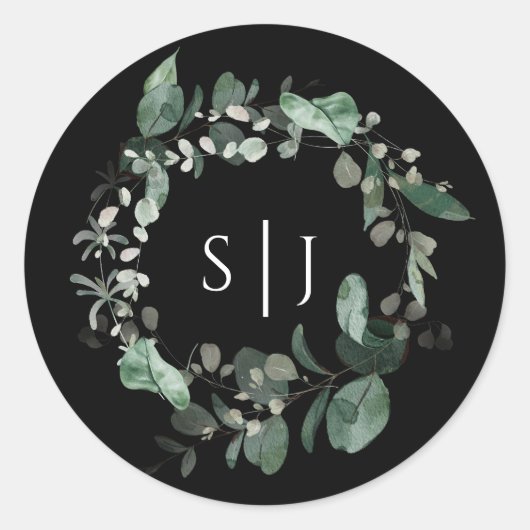Moderne Greenery Black Monogram Wedding Sticker (Voorkant)