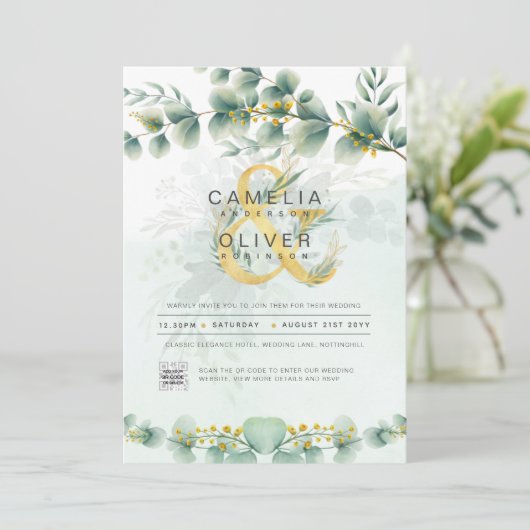 Moderne Greenery Botanical Gold Wedding Invitation Kaart (Staand voorkant)
