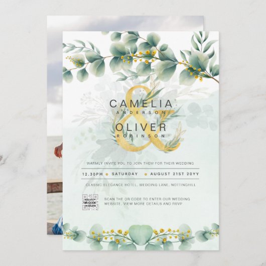 Moderne Greenery Botanical Gold Wedding Invitation Kaart (Voorkant / Achterkant)