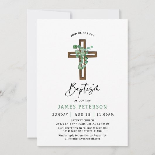Moderne Greenery Boy Baptism Uitnodiging (Voorkant)