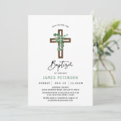 Moderne Greenery Boy Baptism Uitnodiging (Staand voorkant)