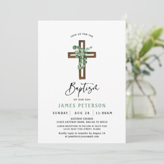 Moderne Greenery Boy Baptism Uitnodiging (Staand voorkant)