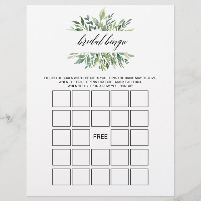 Moderne Greenery Bridal Bingo, Vrijgezellenfeest G (Voorkant)