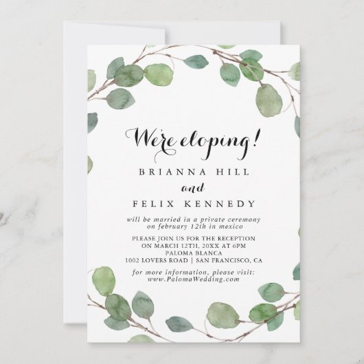 Moderne Greenery Calligraphy Elopement Reception Kaart (Voorkant)