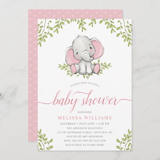 Moderne Greenery Elephant Girl Baby shower Kaart (Voorkant / Achterkant)