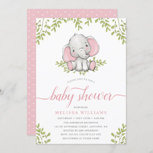 Moderne Greenery Elephant Girl Baby shower Kaart