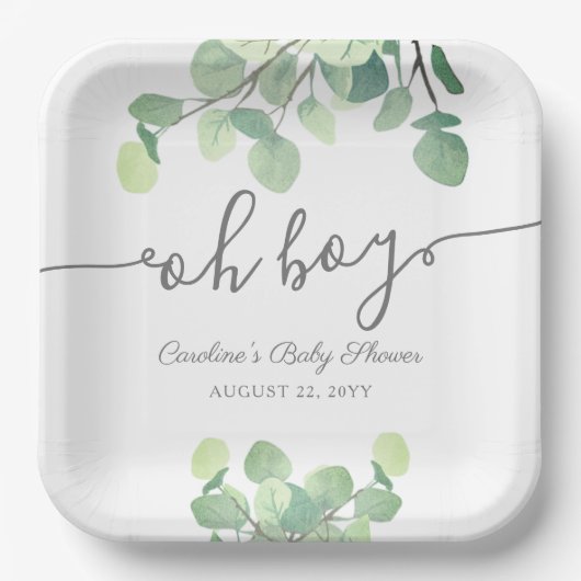 Moderne Greenery Eucalyptus Oh Boy Baby shower Pap Papieren Bordje (Voorkant)