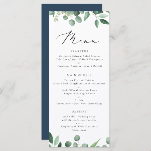 Moderne Greenery Eucalyptus Typography Leaf Weddin Menu (Voorkant / Achterkant)
