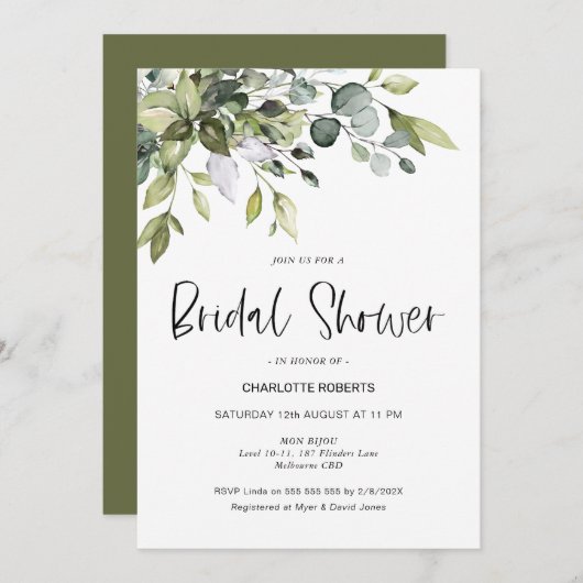 Moderne Greenery Foliage Bridal Shower Kaart (Voorkant / Achterkant)