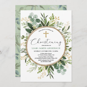Moderne Greenery Gold Botanical Leaves Christening Kaart
