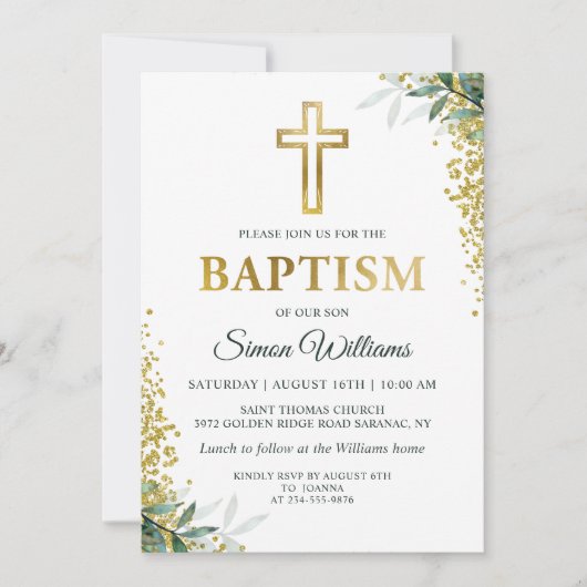 Moderne Greenery Gold Cross Glitter Baptisme Kaart (Voorkant)