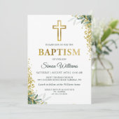 Moderne Greenery Gold Cross Glitter Baptisme Kaart (Staand voorkant)