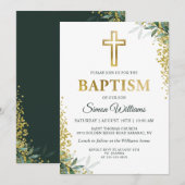 Moderne Greenery Gold Cross Glitter Baptisme Kaart (Voorkant / Achterkant)