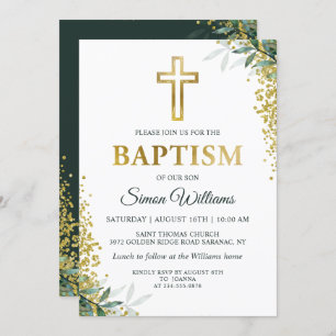Moderne Greenery Gold Cross Glitter Baptisme Kaart