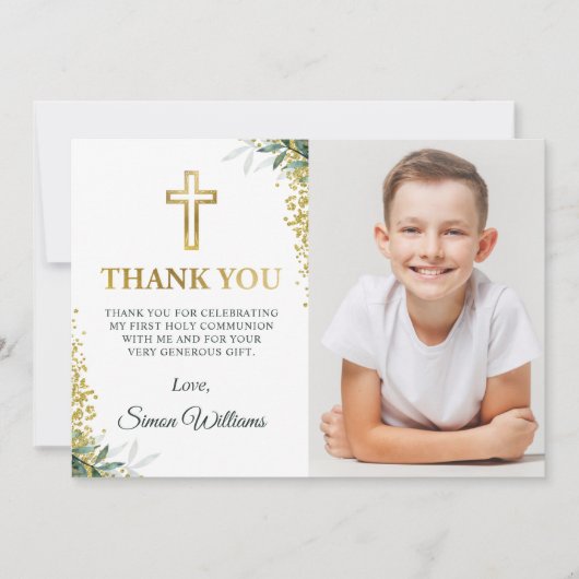 Moderne Greenery Gold Cross Glitter First Communit Bedankkaart (Voorkant)