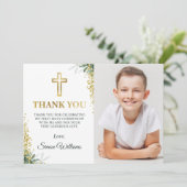 Moderne Greenery Gold Cross Glitter First Communit Bedankkaart (Staand voorkant)