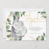 Moderne Greenery Gold Elephant Baby Hartelijk dank Kaart (Voorkant)