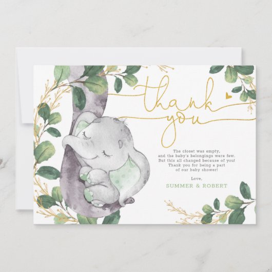 Moderne Greenery Gold Elephant Baby Hartelijk dank Kaart (Voorkant)