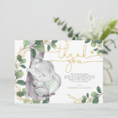Moderne Greenery Gold Elephant Baby Hartelijk dank Kaart (Staand voorkant)