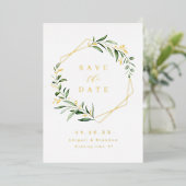 Moderne Greenery Gold Geometric bewaar de datum Folie Uitnodiging (Staand Voorkant)