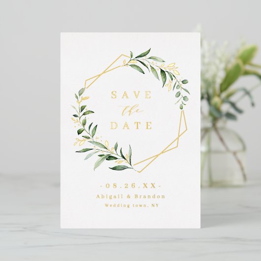Moderne Greenery Gold Geometric bewaar de datum Folie Uitnodiging (Staand Voorkant)
