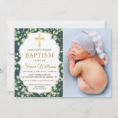 Moderne Greenery Gold Glitter Baptisme Foto Kaart (Voorkant)